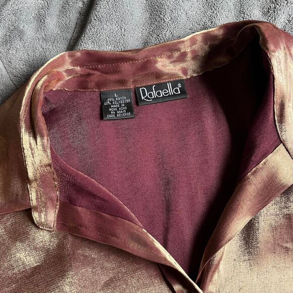 Vintage 90s - Y2K Rafaella gold/burgundy/bronze metallic satin button up large - Picture 3 of 8